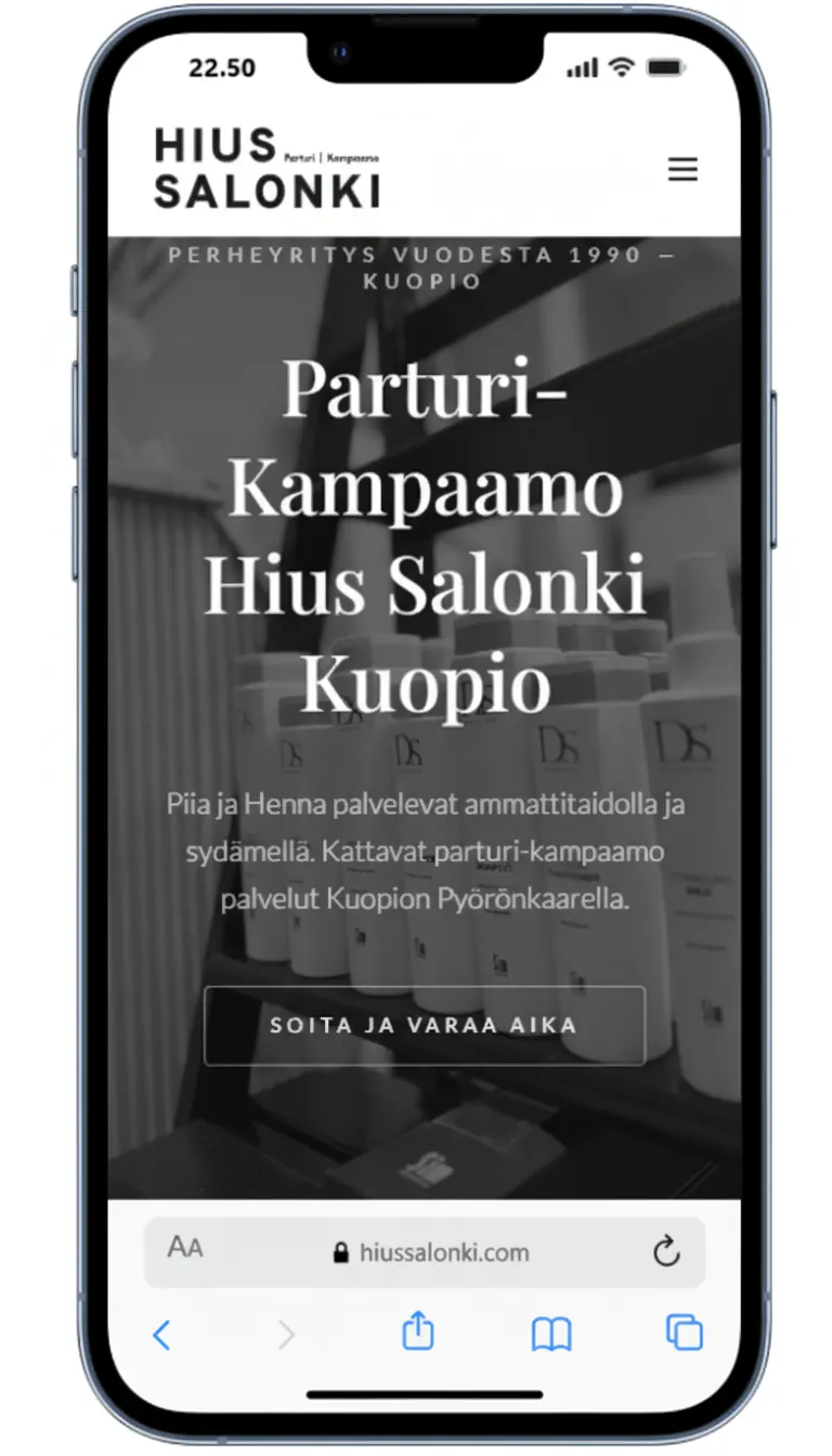 Hiussalonki.com mobiilinäkymässä: viimeistelty ja julkaistu sivusto