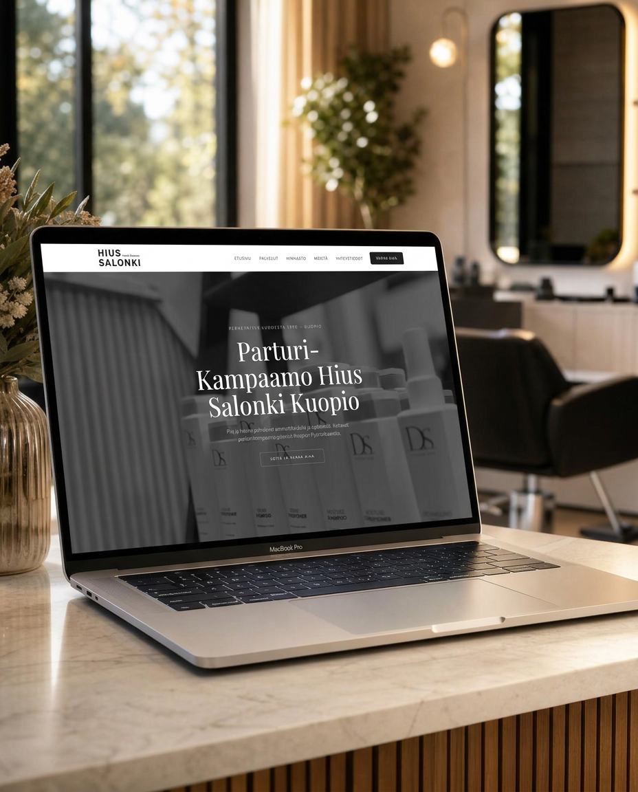 Makkeen rakentama parturi-kampaamon verkkosivusto MacBookin näytöllä salongin tiskillä. Esimerkki Makkeen toimittamasta sivustosta